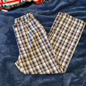 Shein, plaid pants with cream/white, brown, and navy blue, size XXS